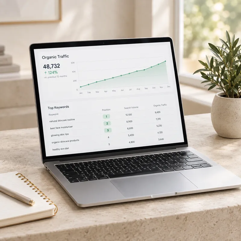 A laptop showing organic traffic climbing and top keyword positions